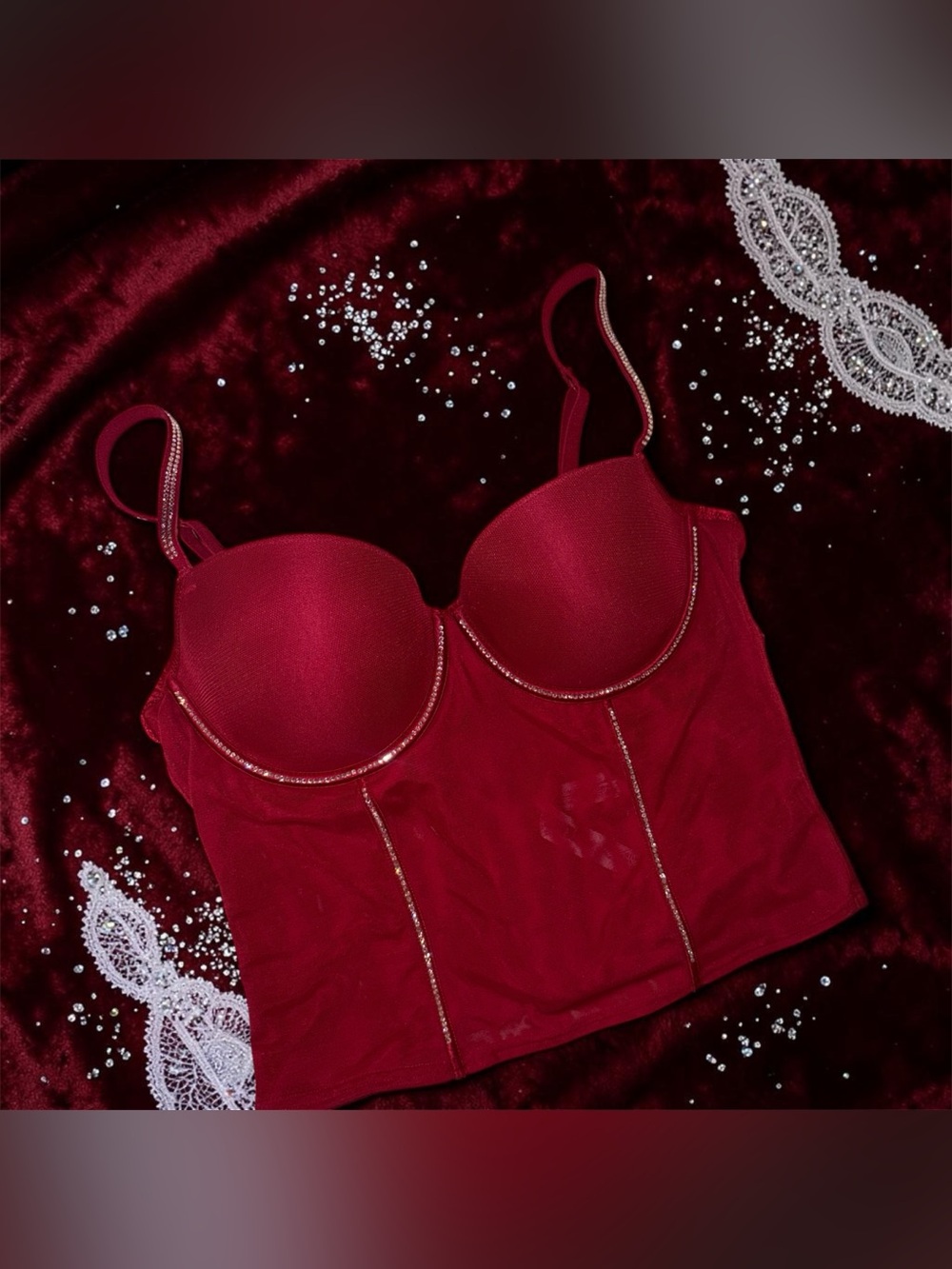 PINK Victoria's Secret Red Longline Bustier with Rhinestone Trim